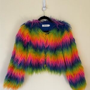 🔥 🌈 Rainbow Faux Fur Statement Jacket – Festival, Rave, Pride | mao’city (M)